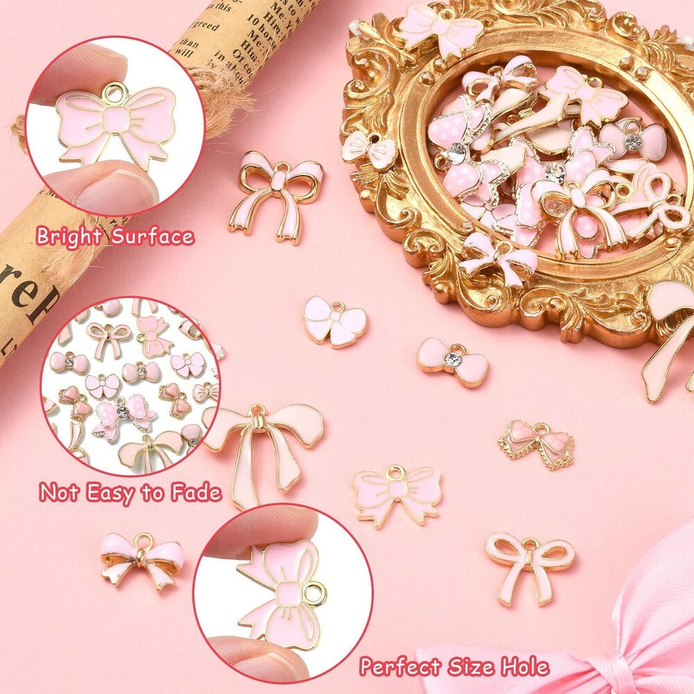 4325 60 pcs 10 Styles Enamel Bow Charms Pink Bowknot Charms Kawaii Bow Tie - Picture 3 of 7